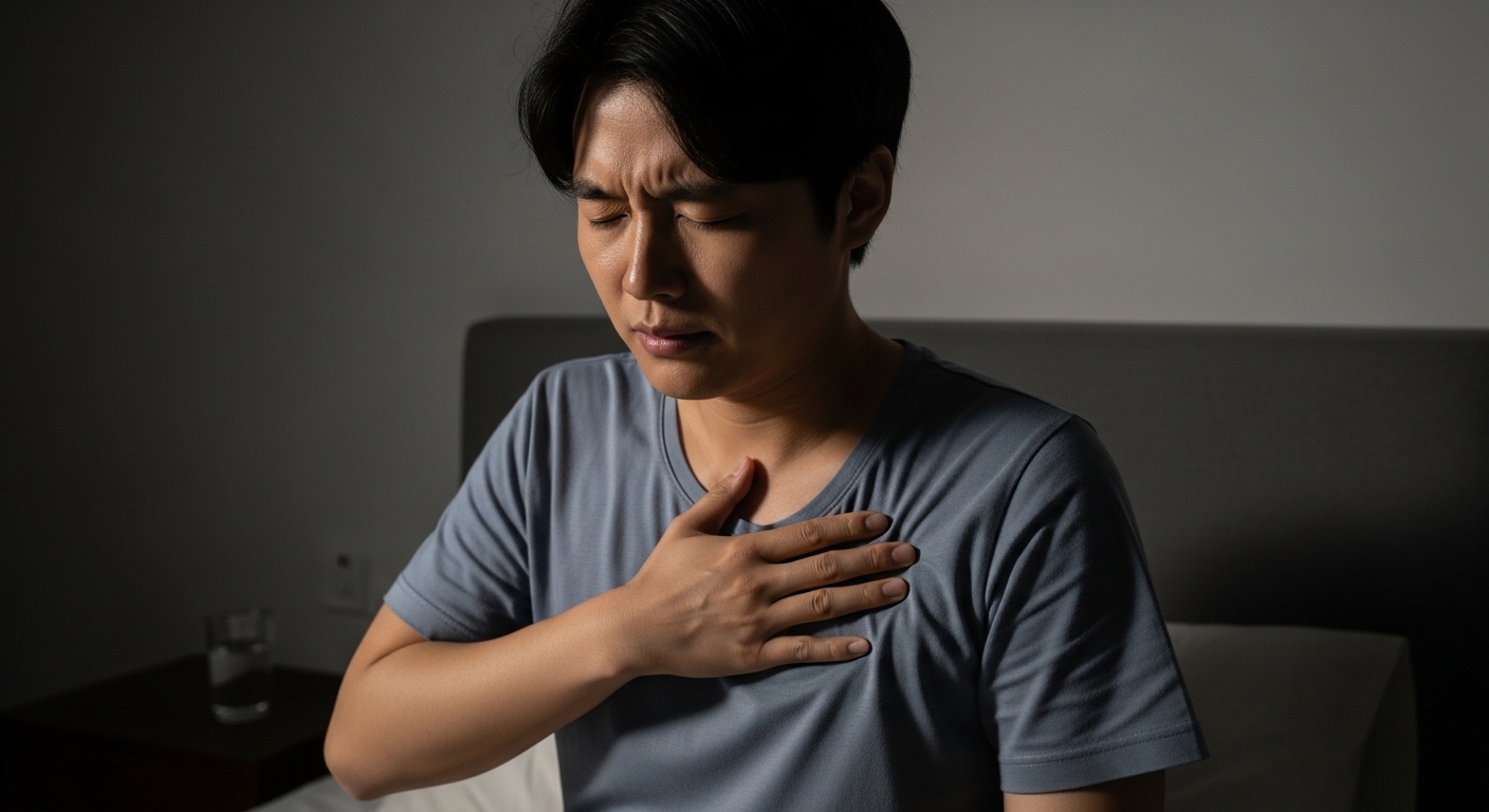 밤에 가슴 부위에 지압을 하여 기침을 완화하는 장면