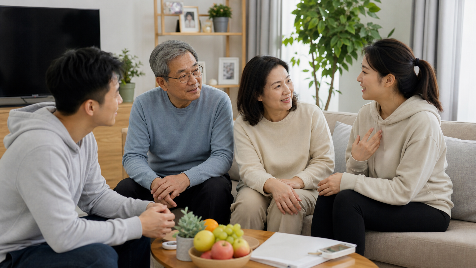 아늑한 거실에서 건강과 웰빙에 대해 진지하게 대화하는 현대 한국 가족