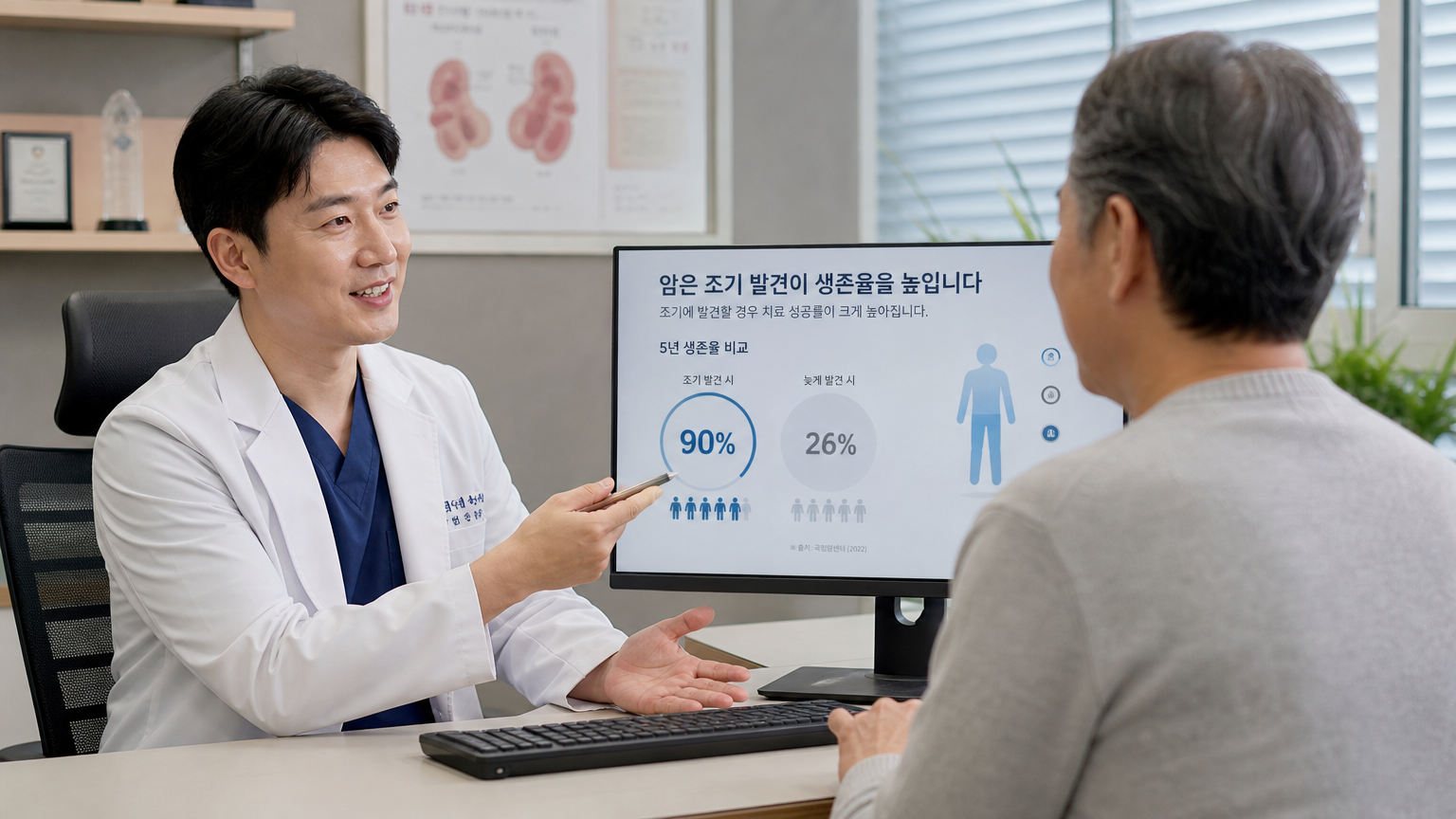 현대식 병원에서 환자에게 암 조기 발견의 이점을 설명하는 낙관적인 한국 의사