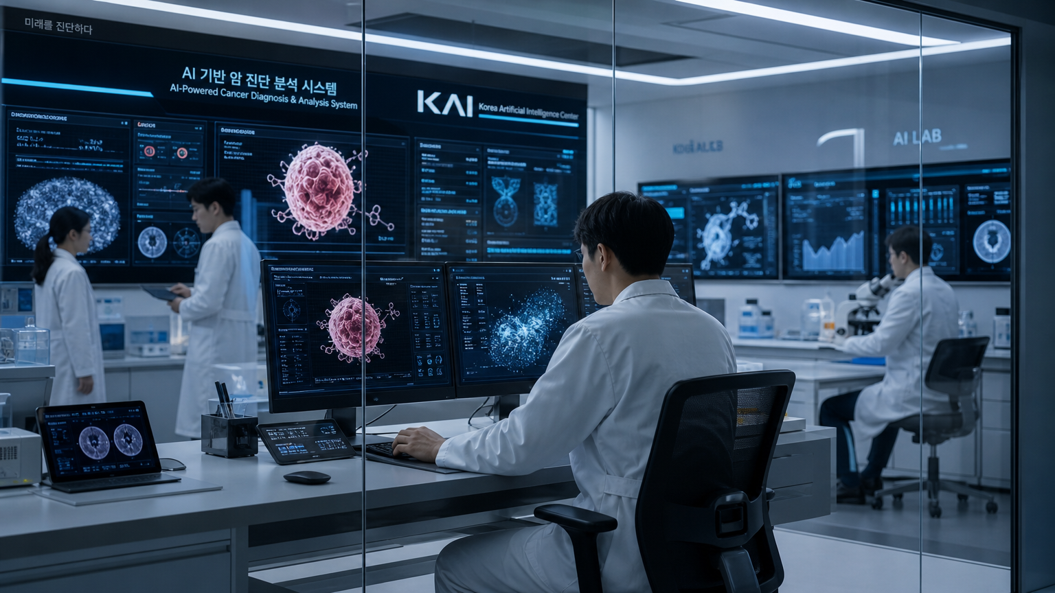 최첨단 AI 기술로 암 진단을 진행하는 미래지향적 한국 연구실 모습