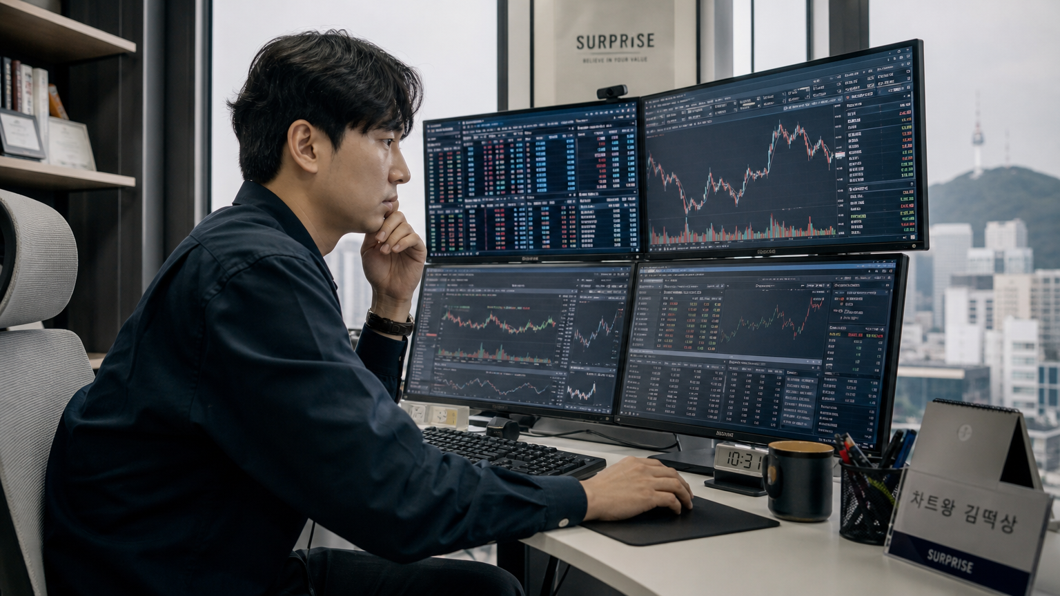 현대 사무실에서 컴퓨터 화면의 차트를 분석하는 투자자의 모습
