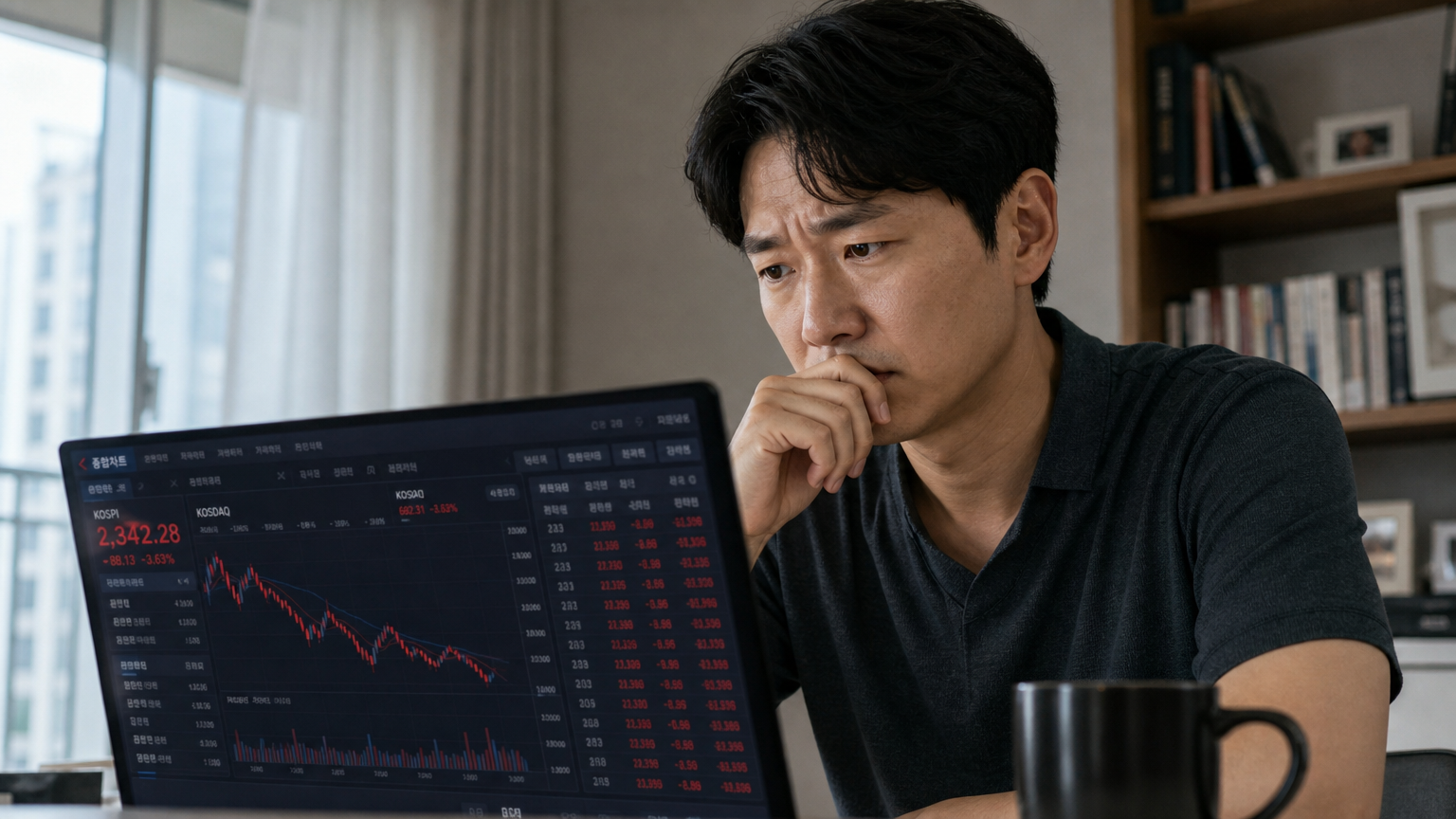 집에서 노트북을 통해 주식 시장 위험 요소를 검토하는 걱정스러운 표정의 투자자