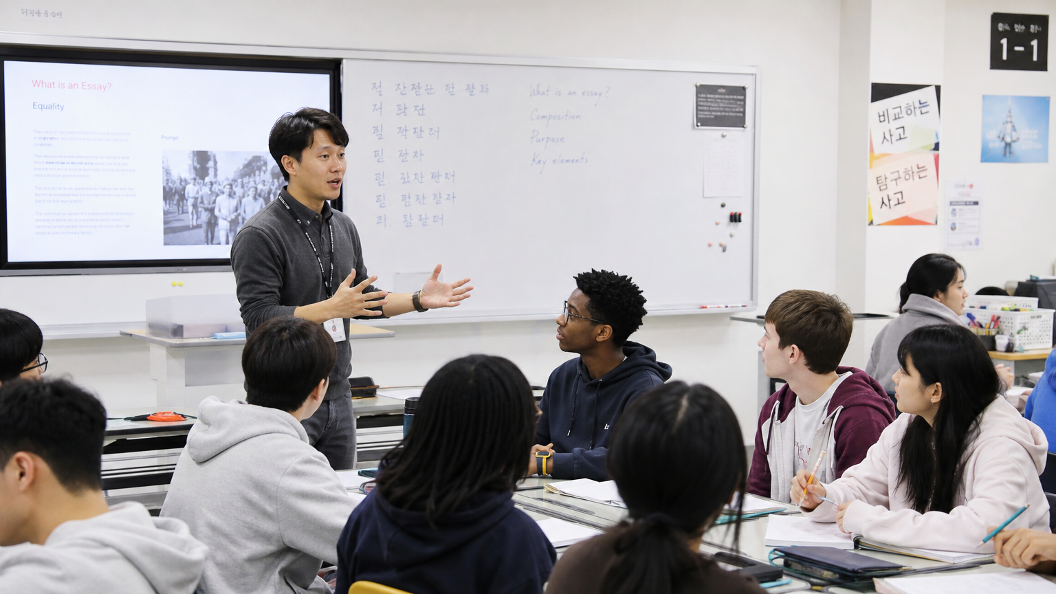현대적인 한국 교실에서 학생들과 소통하며 교육하는 젊은 선생님의 모습