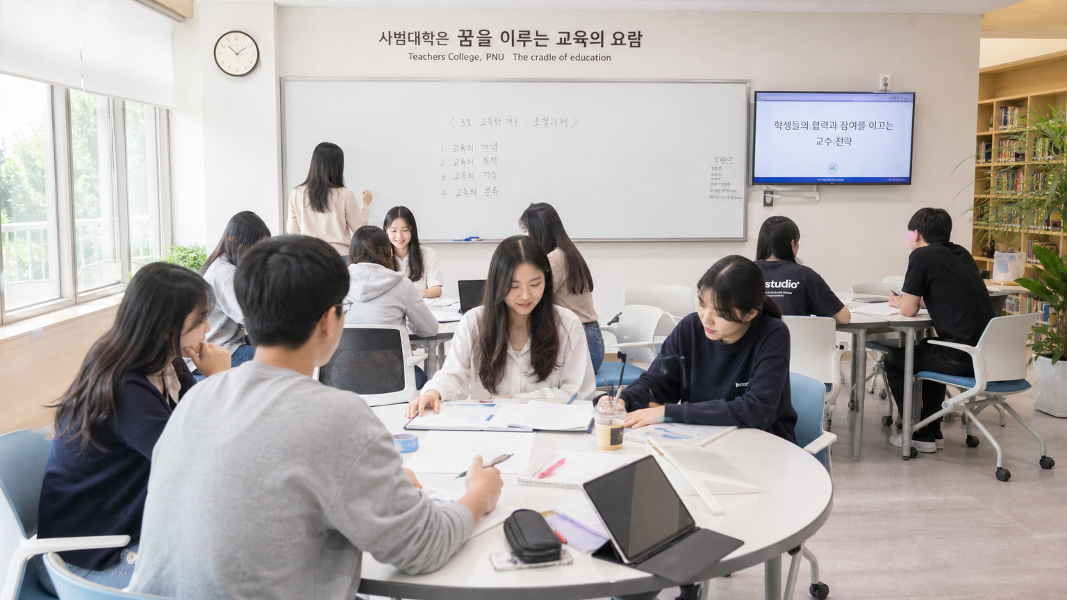 교육 전공 수업을 듣는 학생들이 있는 대학교 캠퍼스 풍경