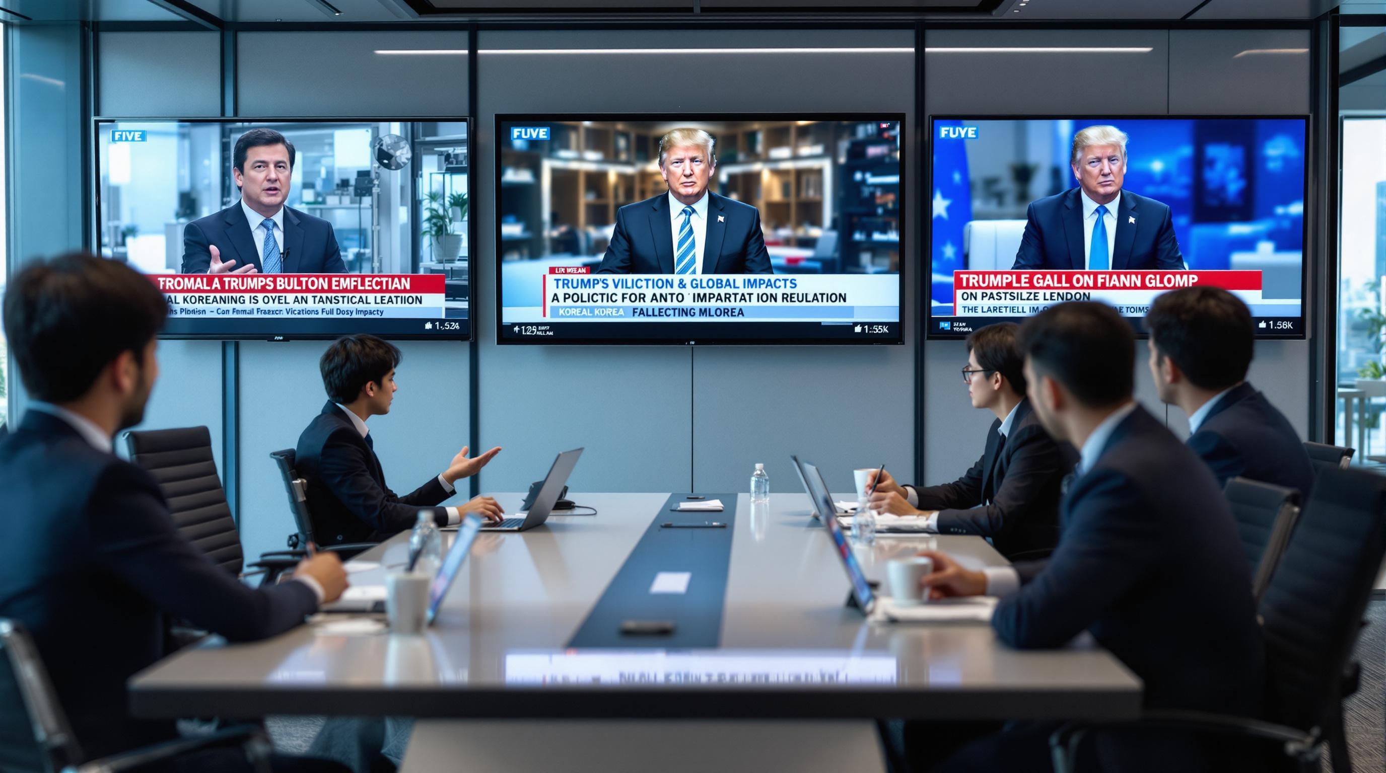 현대적인 사무실에서 한국 전문가들이 글로벌 정책에 대해 진지하게 토론하는 장면, 트럼프의 승리와 정책 영향을 다루는 디지털 스크린이 보임