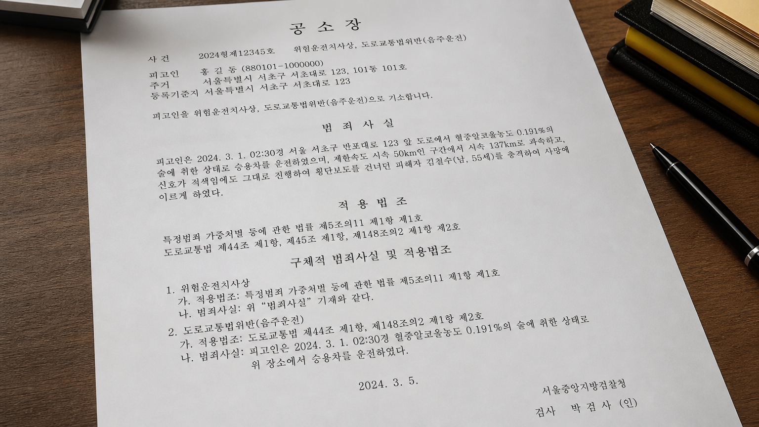 위험운전치사죄 관련 법률 문서를 설명하는 장면