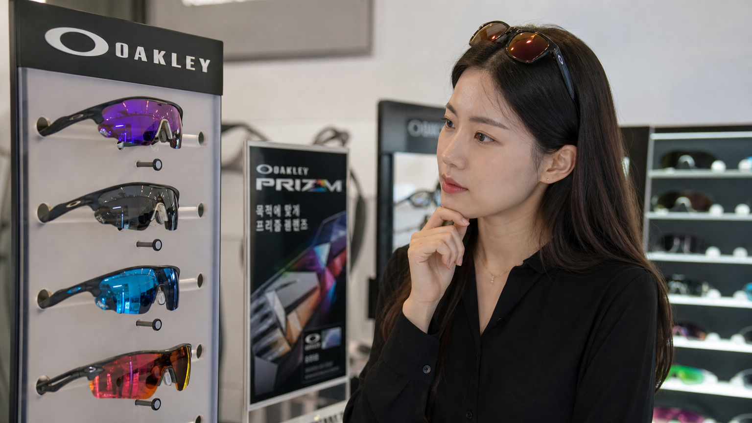 스타일리시한 안경점에서 다양한 오클리 선글라스를 살펴보는 현대적인 여성의 모습