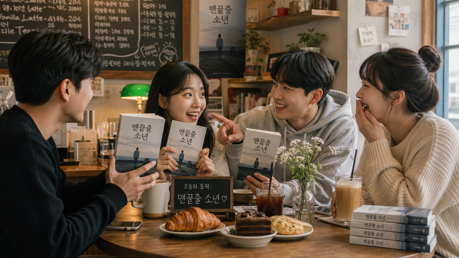 카페에서 인기 드라마 '맨끝줄소년'을 즐겁게 이야기하는 젊은이들