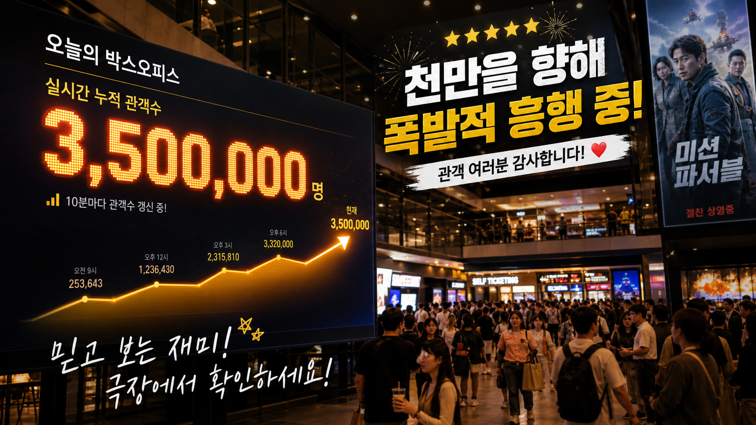 한국 극장에서 티켓 판매량이 급증하는 모습과 활기찬 로비