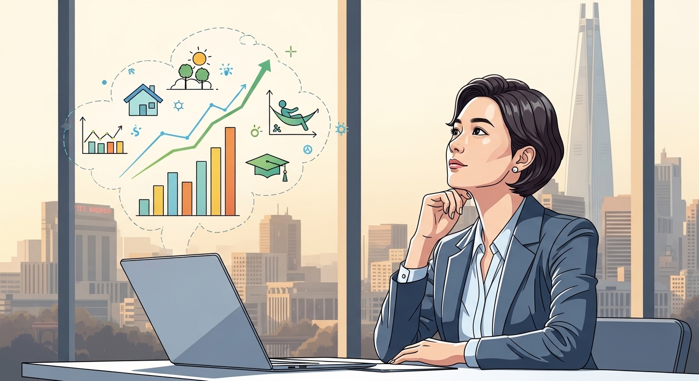 현대 한국 직장인이 퇴직 후의 삶을 고민하며 금융 차트와 미래 계획이 추상적으로 배경에 표현된 모습