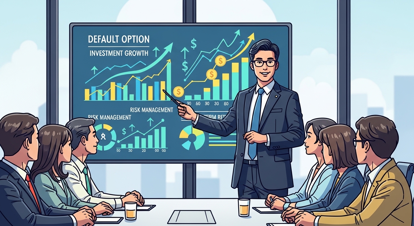 한국 금융 전문가가 고객에게 디폴트옵션을 설명하며 투자 성장 가능성을 보여주는 생생한 차트와 그래프