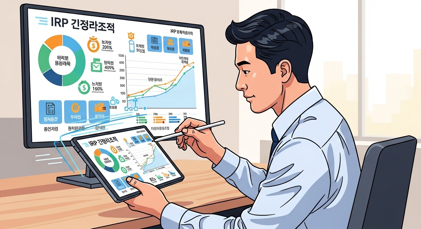 한국 직장인이 디지털 태블릿으로 IRP 계좌의 세액공제 혜택 분석 중이며 역동적인 세금 관련 인포그래픽이 함께 표현됨