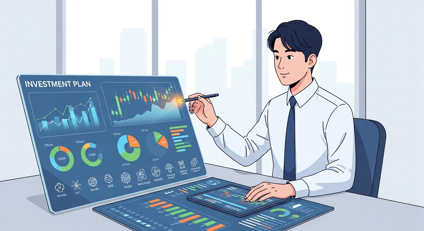 젊은 한국 투자가가 다양한 투자 옵션 중에서 DC형 퇴직연금을 위한 결정을 내리고 있는 현대적 사무실 환경