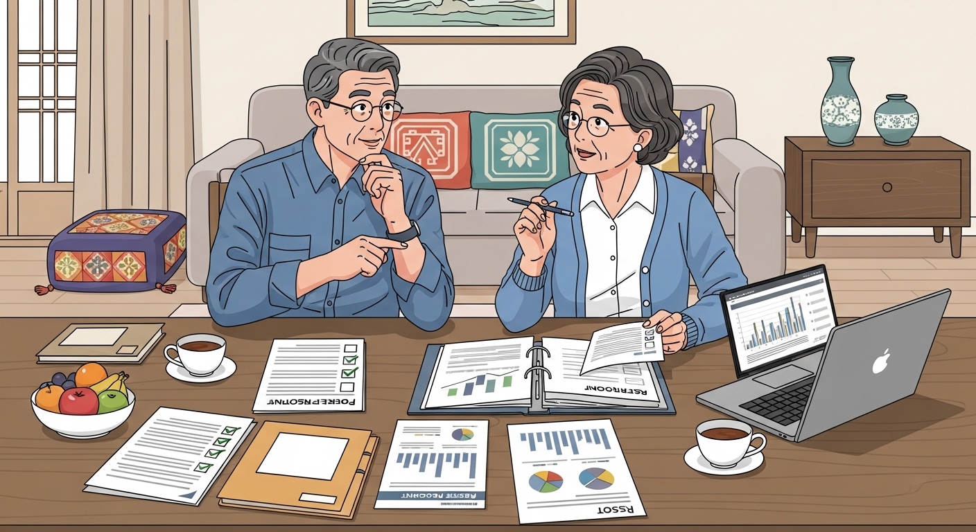 한국 고령 부부가 집에서 은퇴 계획과 자산 관리 전략을 검토하며 자세한 체크리스트와 보고서를 보는 모습