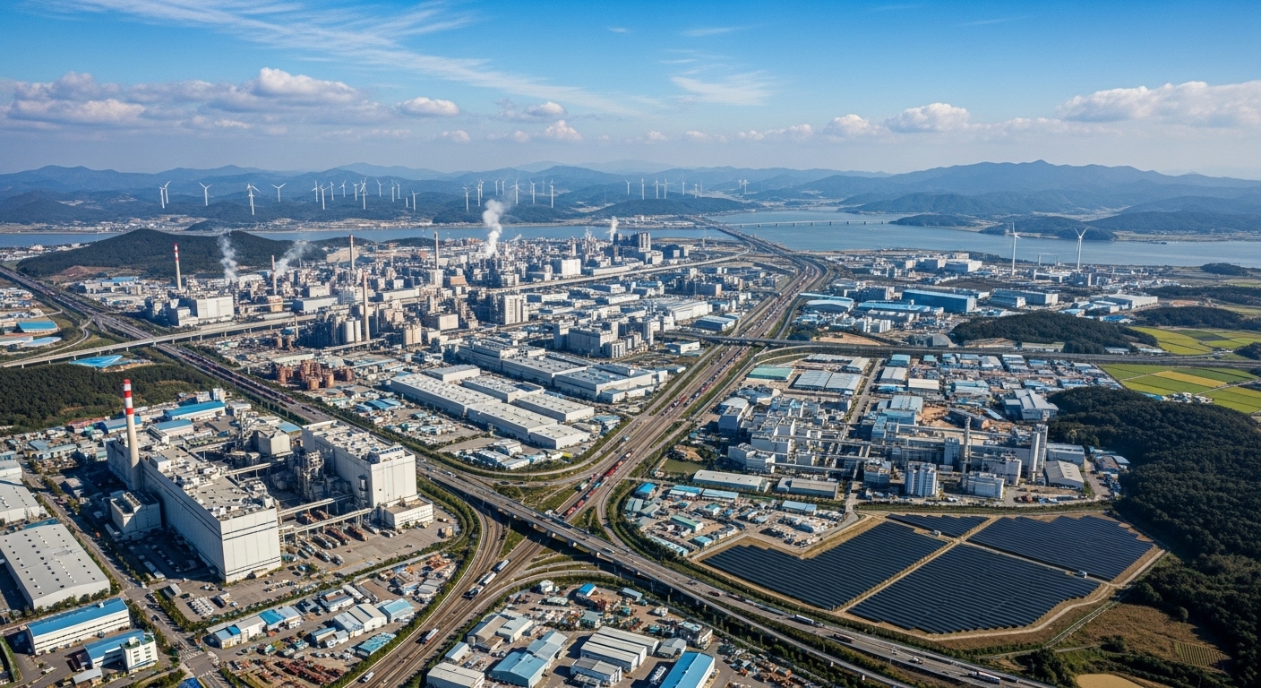 맑은 하늘 아래 공장과 친환경 에너지 시설이 있는 한국 산업 단지의 항공 뷰