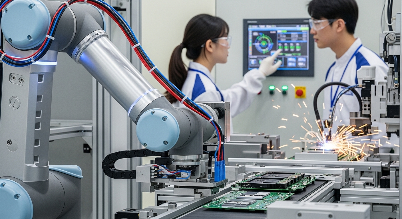 최첨단 기술과 장비를 갖춘 한국 제조 공장에서 엔지니어들이 장비를 점검하는 모습