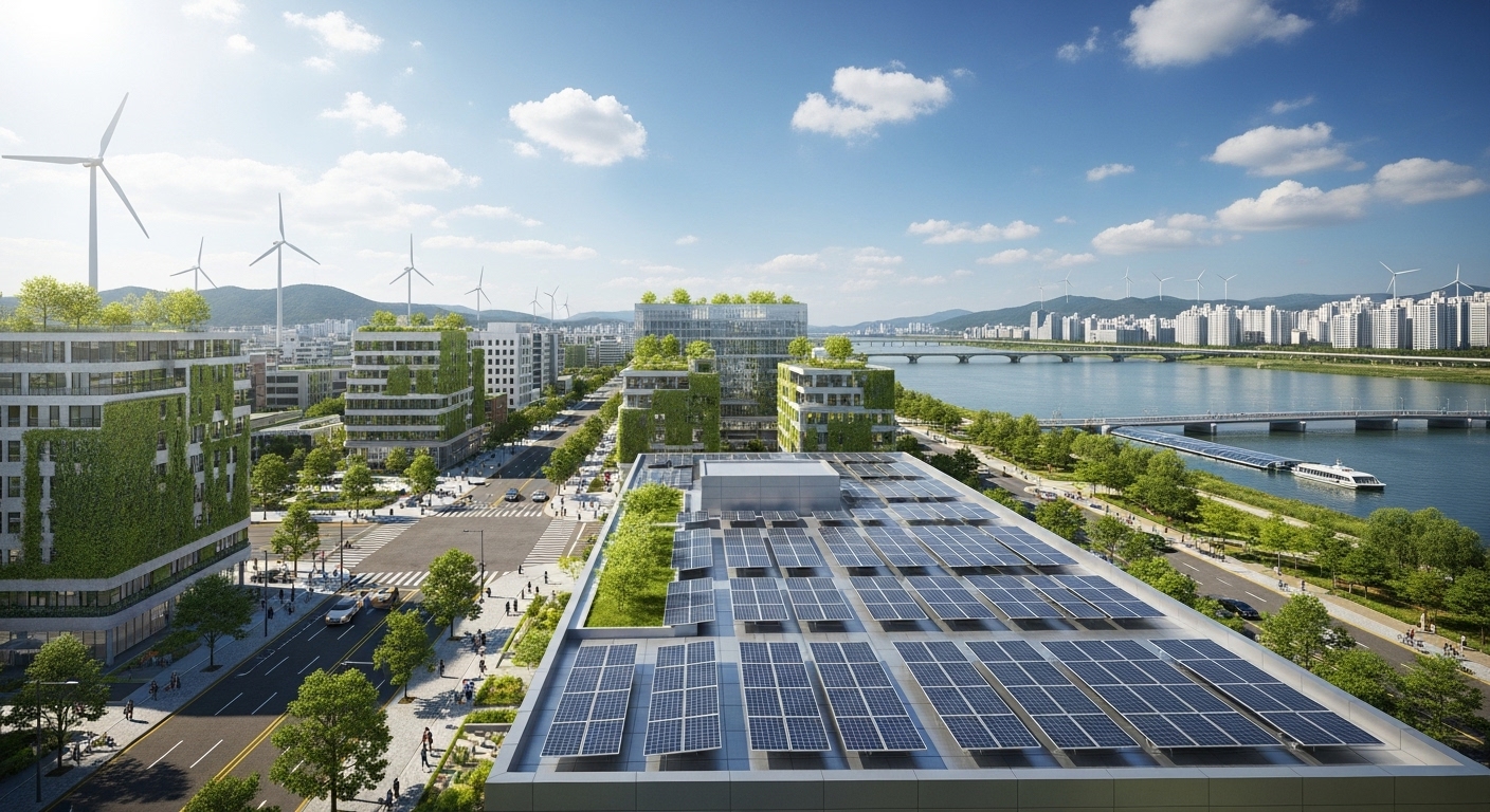 태양광 패널이 설치된 건물들과 바람 터빈이 배경에 있는 친환경 도시 경관