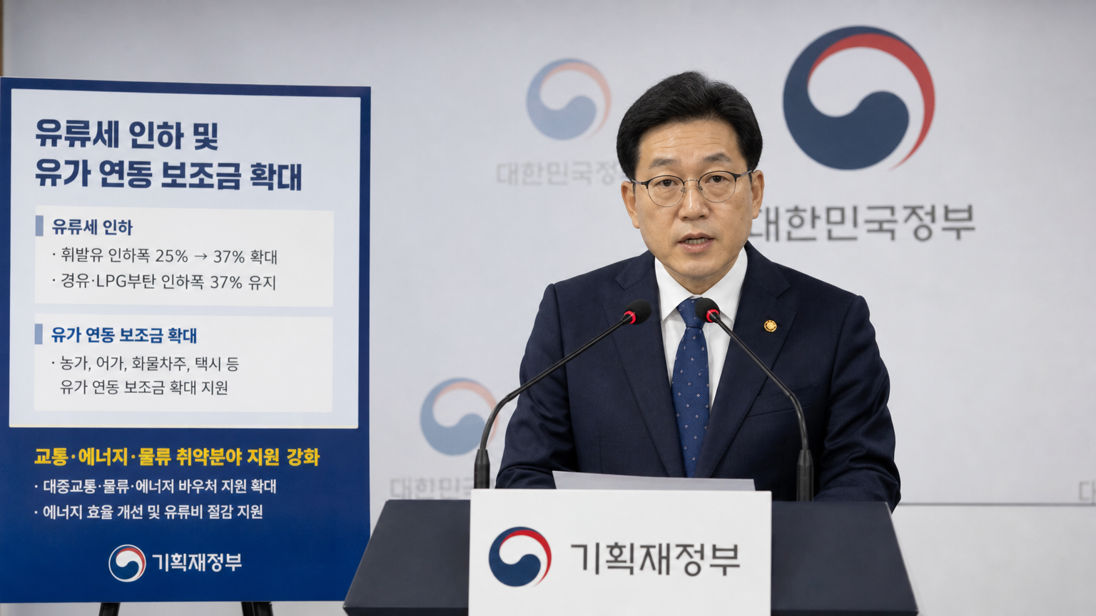 한국 정부 공무원이 기름값 상승에 따른 지원책을 발표하는 모습