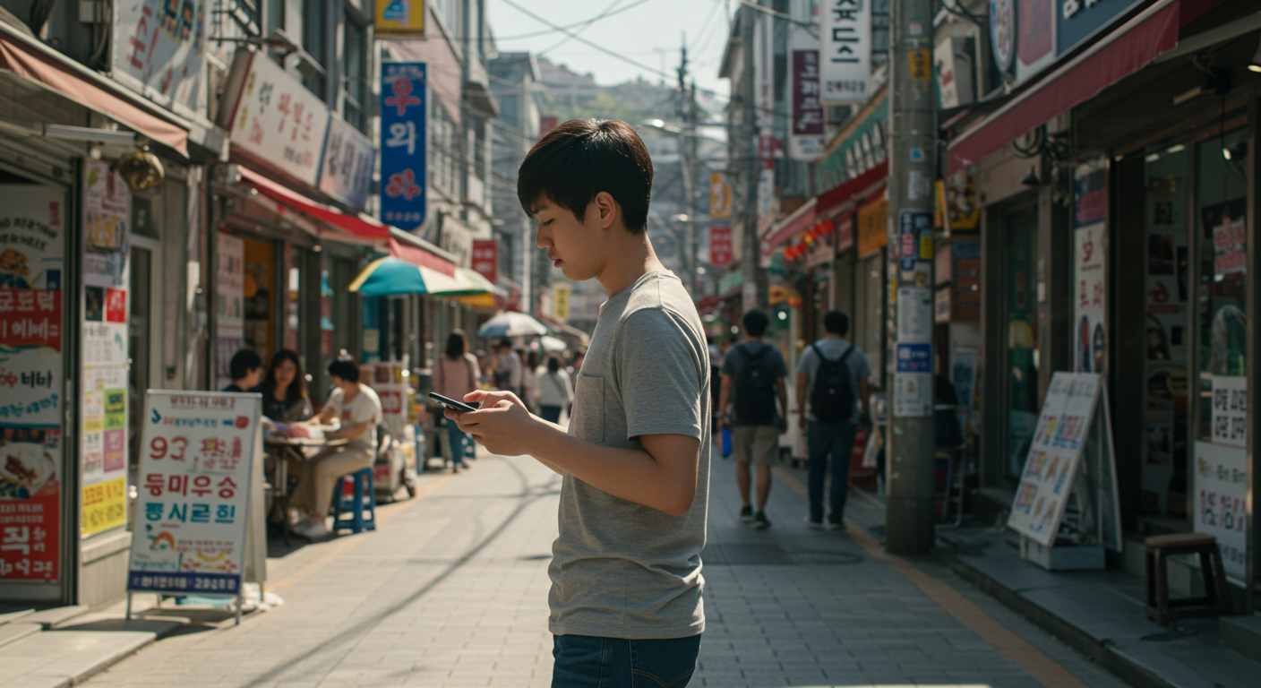 도시 속에서 걸으며 만보기 앱을 확인하는 사람의 모습