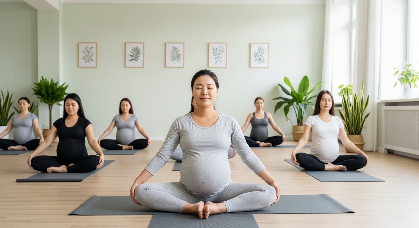 임산부들이 나비 자세로 요가 수업을 듣고 있는 장면