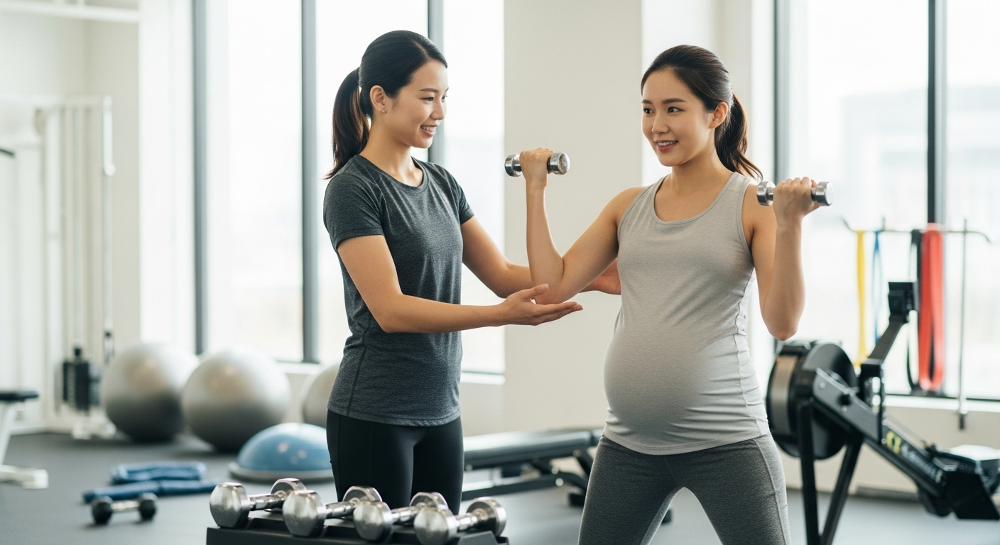 전문 트레이너가 체육관에서 임산부에게 안전한 운동 기법을 지도하는 모습
