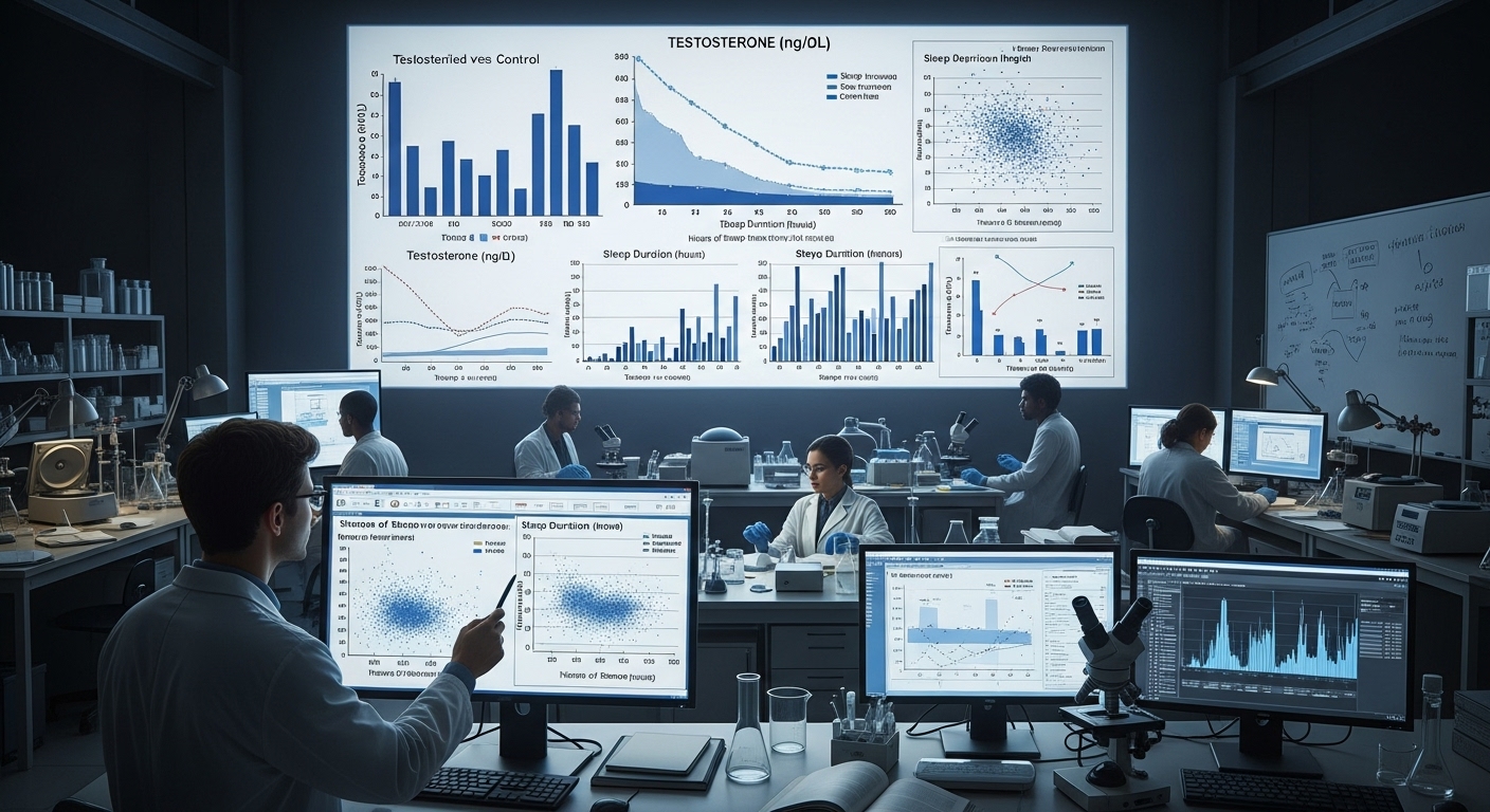 실험실 환경에서 수면 부족 후 테스토스테론 수준을 보여주는 그래프와 차트