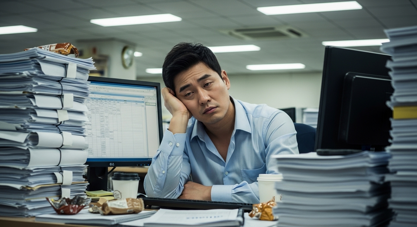 서류 더미 속에서 집중력 저하로 고생하는 직장인의 모습