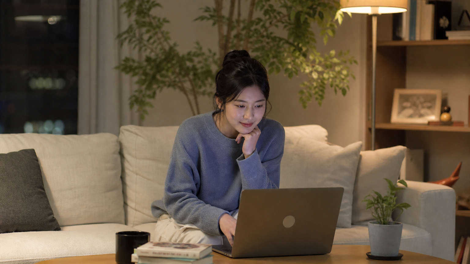 현대적인 한국인 직장인이 집 소파에 앉아 노트북을 사용하며 여유롭게 일하는 모습