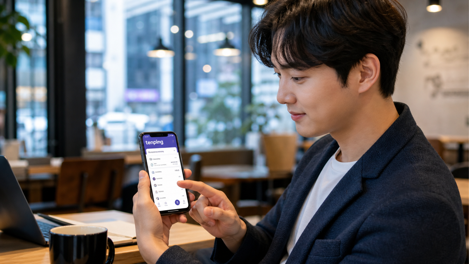 젊은 한국인 사업가가 도시 카페에서 스마트폰으로 텐핑 앱을 사용하는 장면