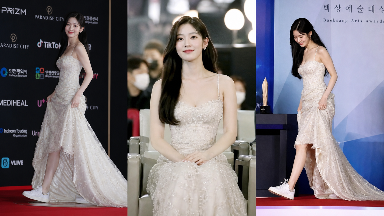 시상식에서 화려한 드레스와 운동화를 매치한 여성 연예인
