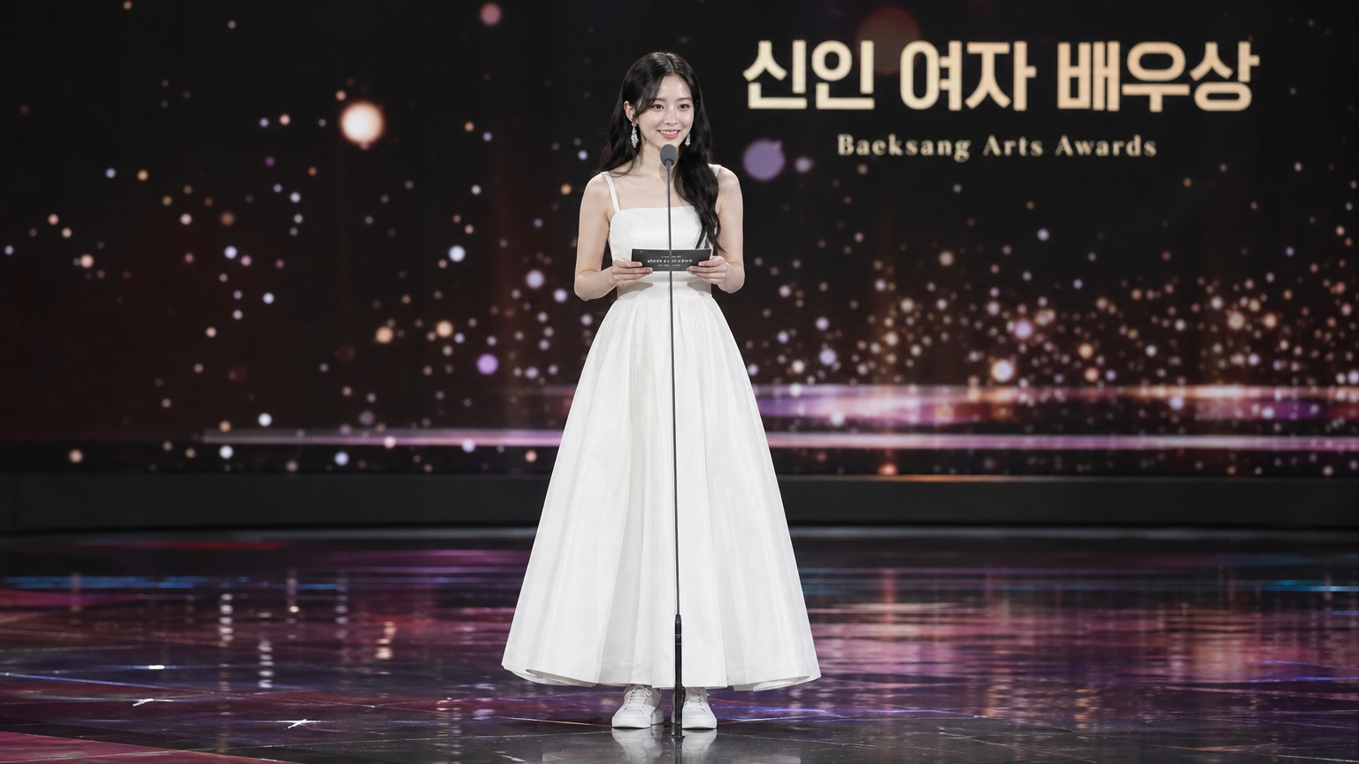 무대 위에서 흰색 긴 드레스와 흰색 운동화를 착용한 한국 여성