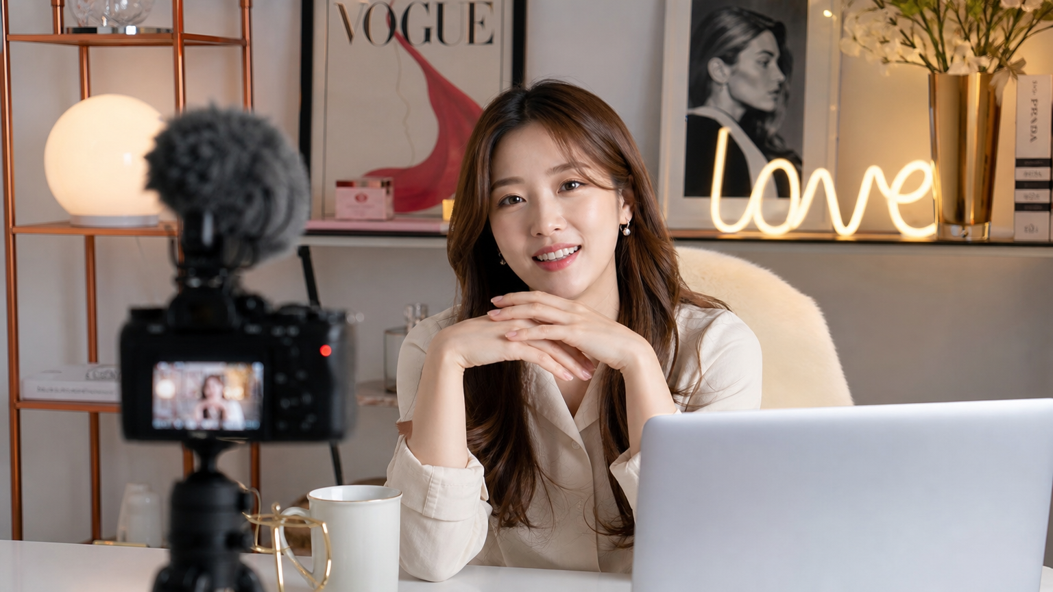 유튜버가 세련된 책상에서 카메라와 노트북으로 일상을 공유하는 모습