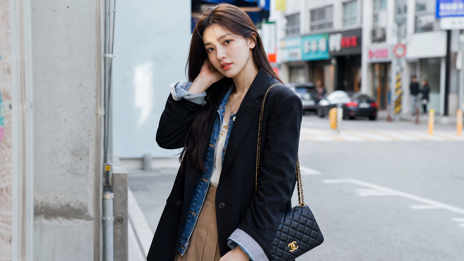 도시 거리에서 트렌디한 혼합 스타일을 선보이는 여성