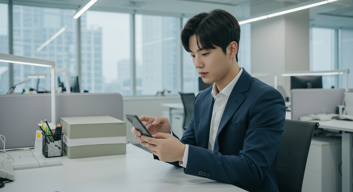 사무실에서 스마트폰으로 환급 프로그램을 신청하는 현대적 직장인의 모습