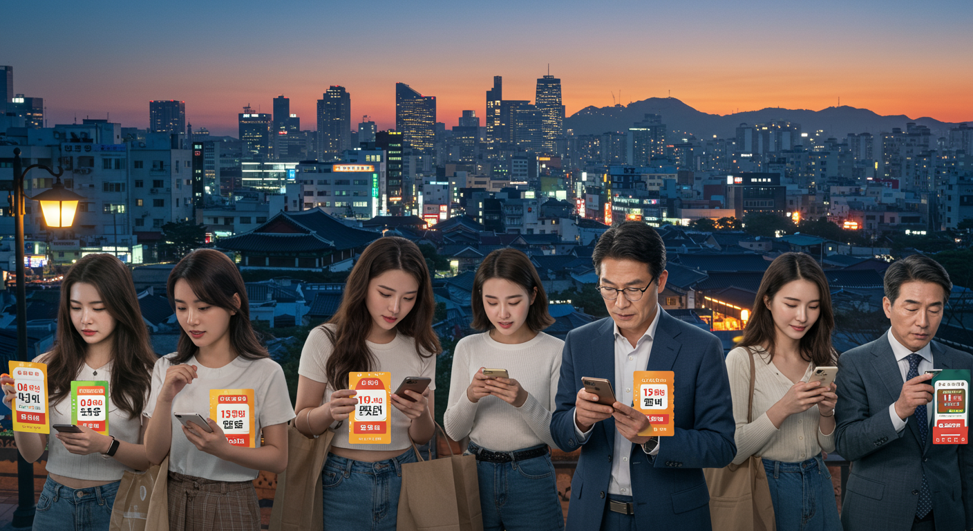 현대적인 도시 배경에서 스마트폰으로 소상공인 지원형 소비쿠폰을 사용하는 사람들 모습