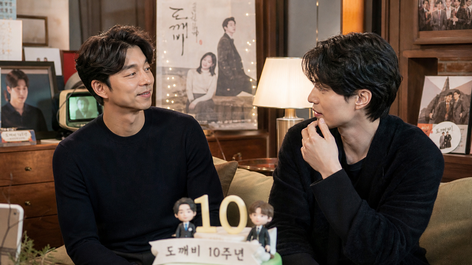 공유와 이동욱 배우가 '도깨비' 드라마의 10주년을 회상하며 편안한 거실에서 대화를 나누는 모습