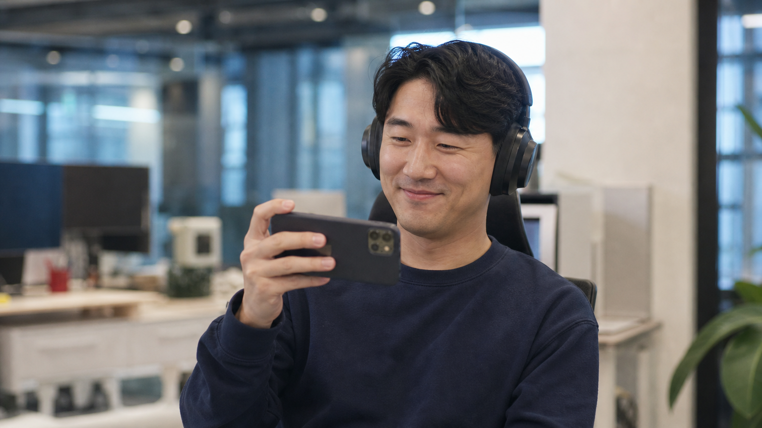 한 남성이 사무실에서 스마트폰으로 광고 없이 영상을 보고 있는 모습