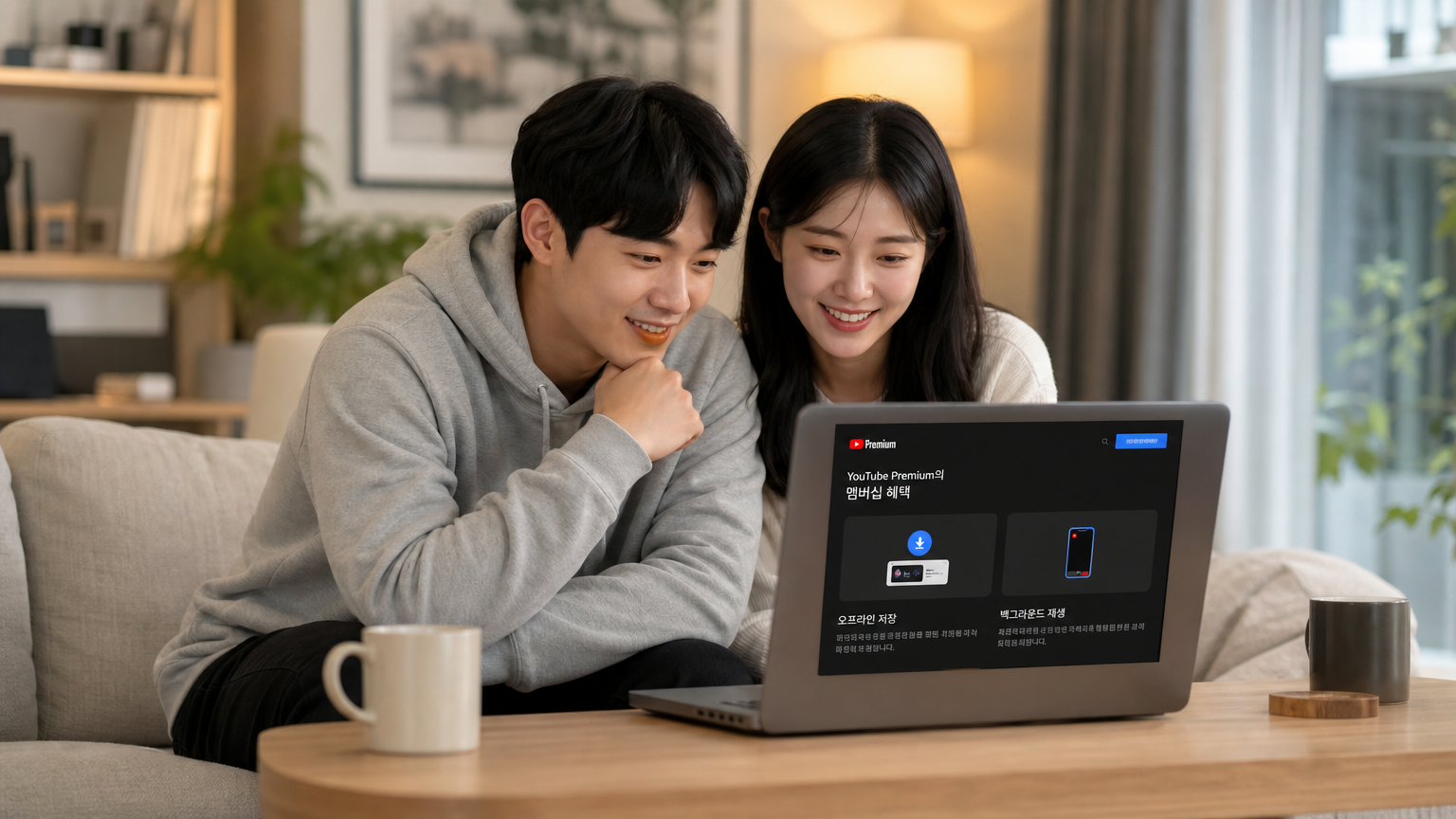 젊은 커플이 집에서 유튜브 프리미엄의 다양한 기능을 탐색하는 모습