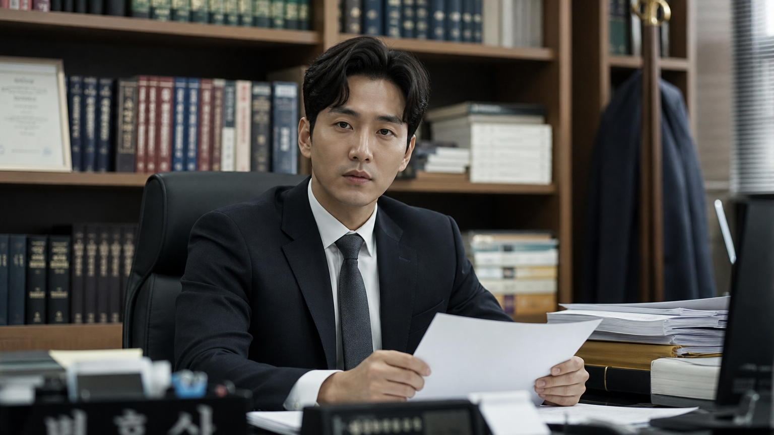 현대적인 사무실에서 진지한 표정의 변호사가 서류와 법률책에 둘러싸여 있는 모습