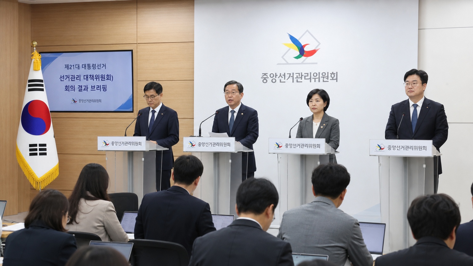 현대적 정부 건물 내 기자회견 장면에서 선거 문제를 논의하는 관계자들