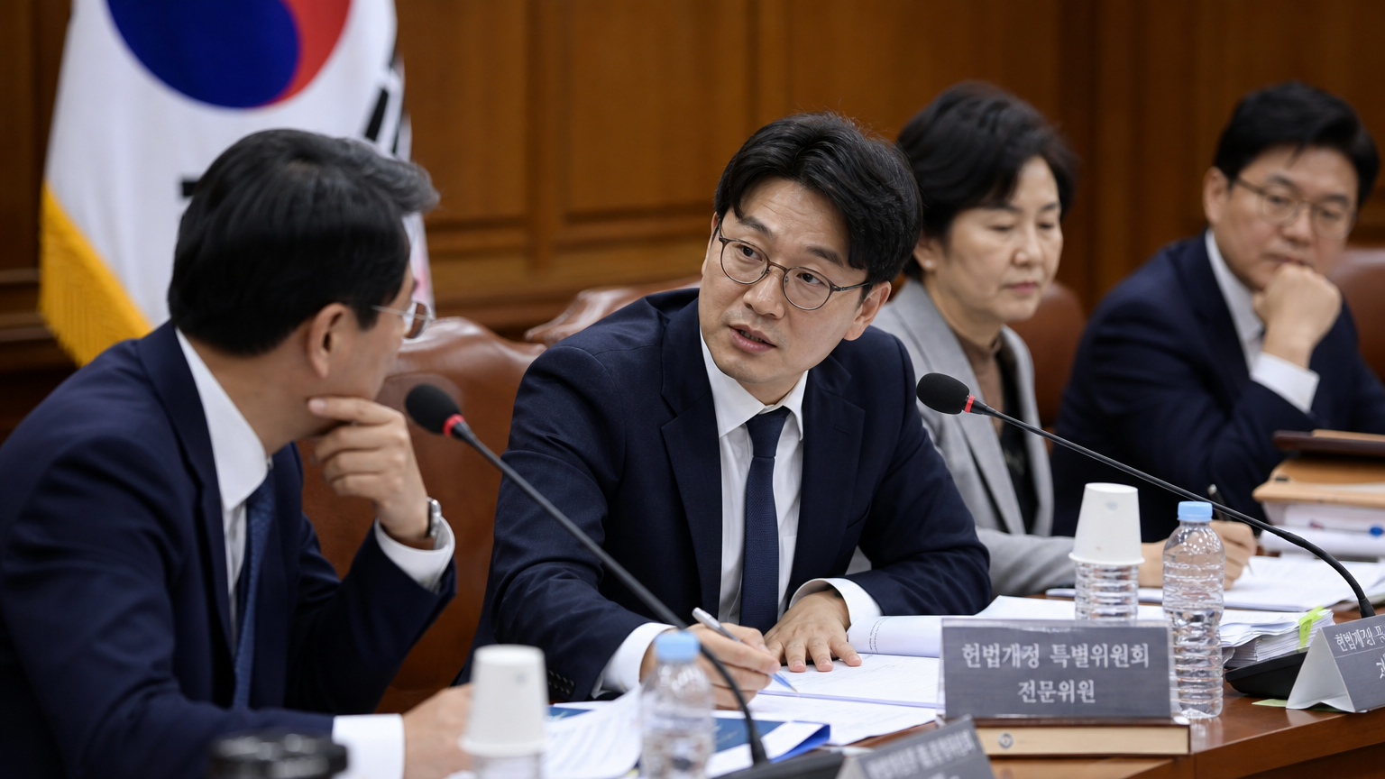 헌법 개정을 토론하는 정치 지도자들과 함께 회의실에 있는 한국 법률 자문가