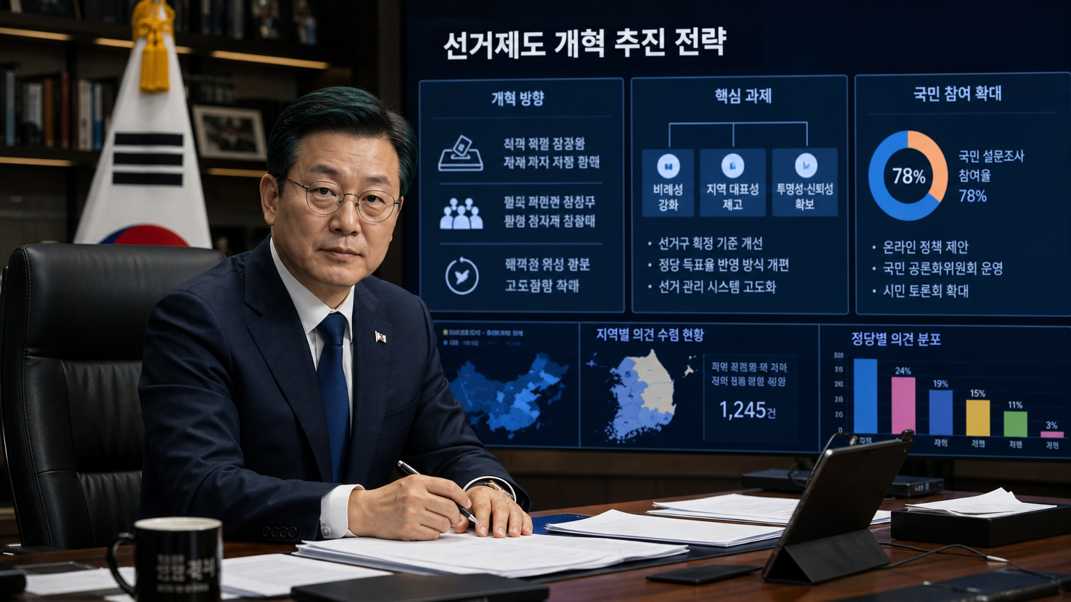 디지털 스크린에 선거 개혁 전략이 표시된 책상 앞에서 비전을 가진 한국 지도자의 모습