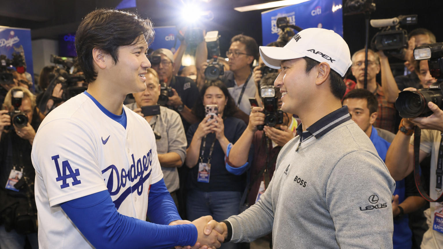 야구 선수와 골퍼가 스포츠 행사에서 만나 많은 관심을 받는 모습