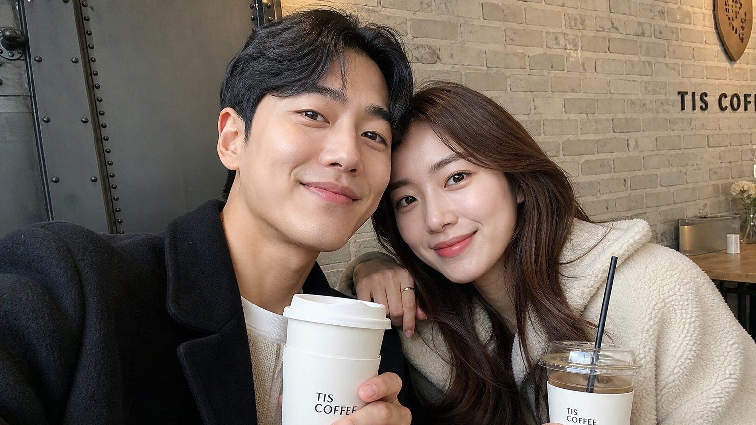 서울 카페에서 셀카를 찍으며 사랑을 나누는 커플
