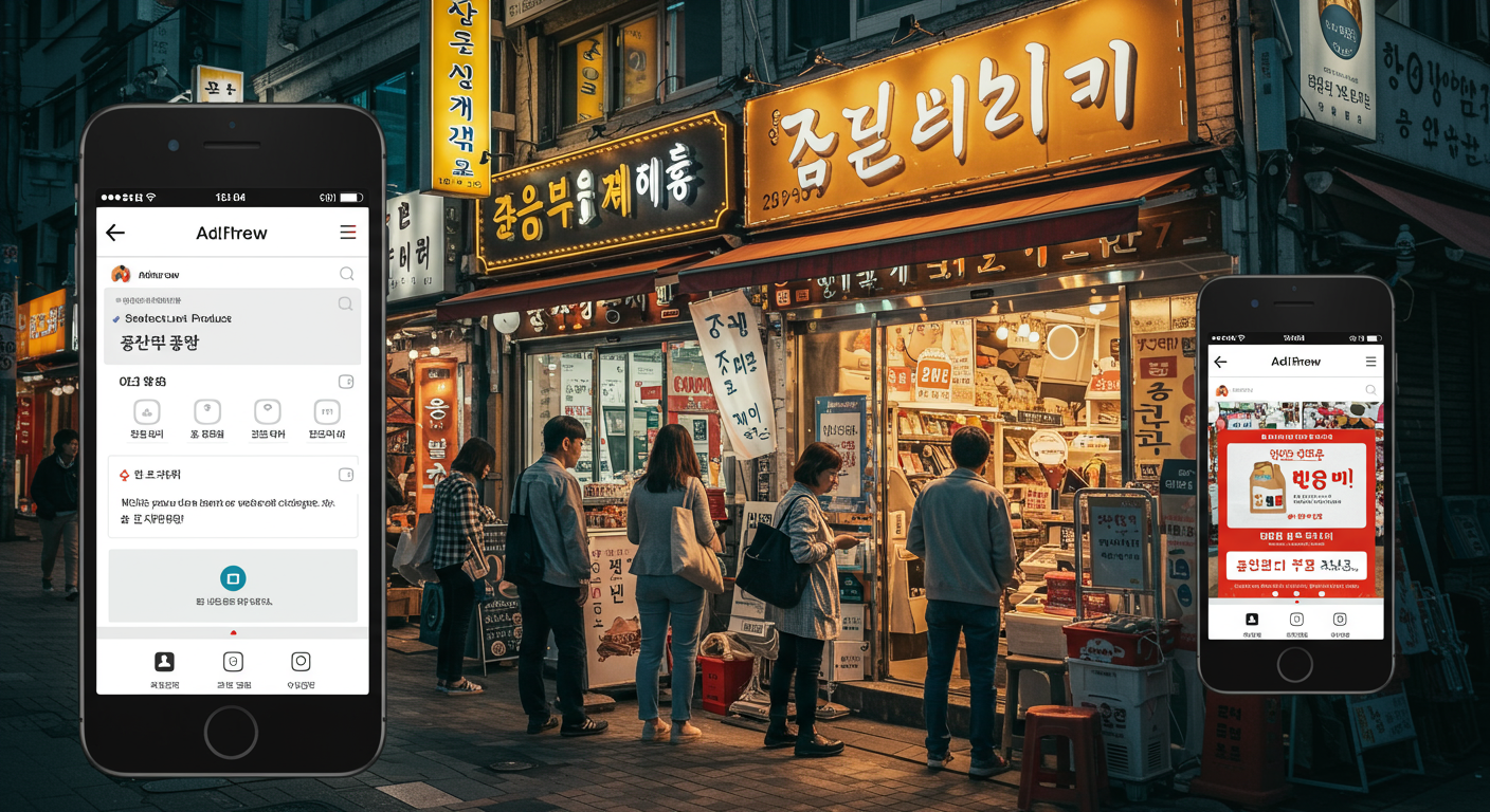 매장의 외부 모습과 함께 모바일 앱 인터페이스로 광고 제작 과정이 보이는 장면