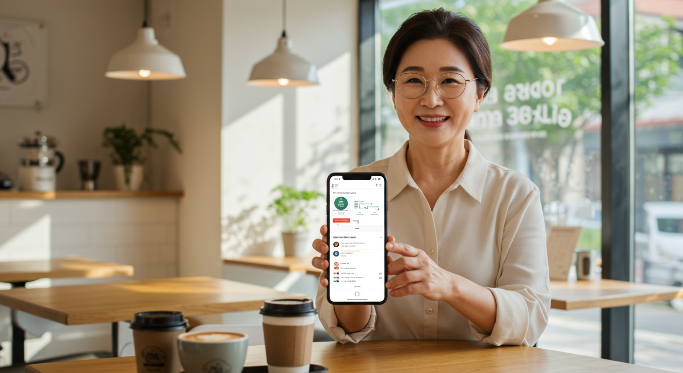 카페 주인이 스마트폰으로 광고 효율성과 분석 데이터를 확인하는 장면