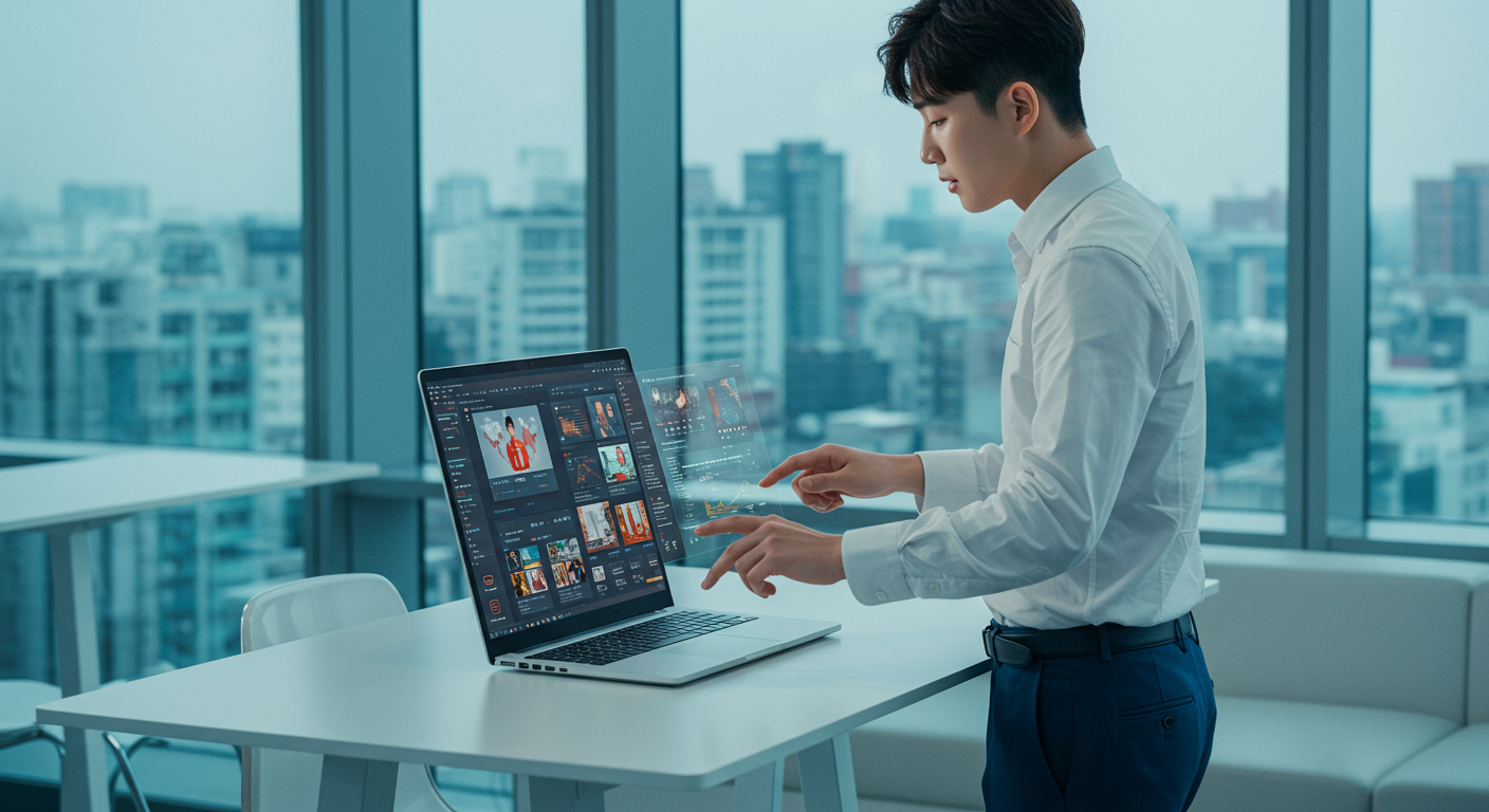 현대적인 사무실에서 노트북으로 디지털 광고 플랫폼을 간편하게 조작하는 젊은 전문가의 모습