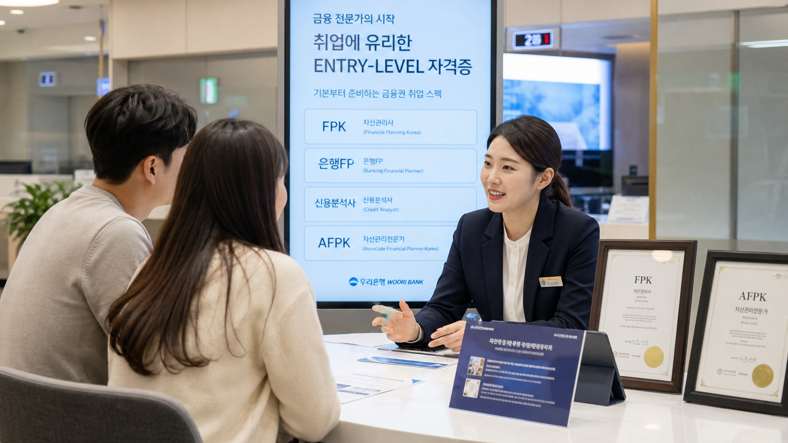 은행 환경에서 입문 자격증에 대해 상담하는 모습