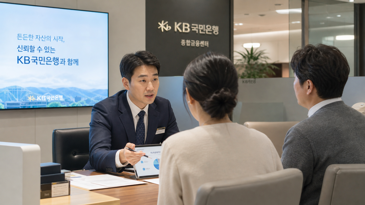 은행 환경에서 뮤추얼펀드와 투자 전략을 논의하는 재정 컨설턴트