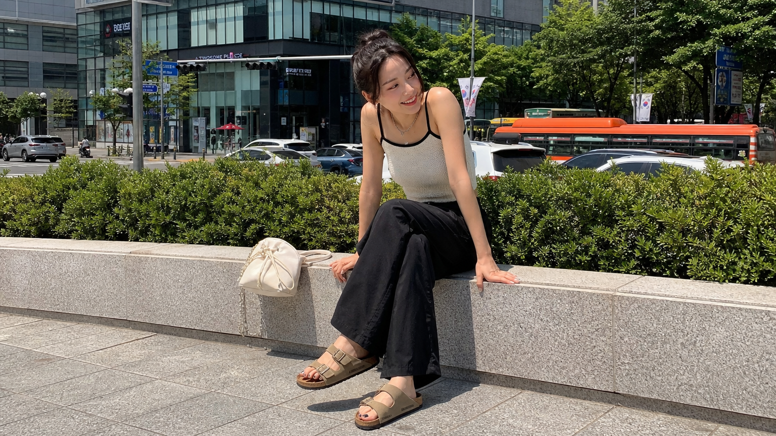 도심 속에서 트렌디한 의상과 함께 버켄스탁 아리조나 샌들을 착용한 패션 인플루언서